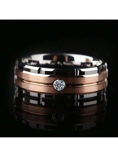 1 Pc Jewelry Accessories 8mm Fashion Rose Gold Color Double Groove Beveled Steel Rings For Men Anniversary Party Gift Classical Rhinestones Zirconia Men Rings