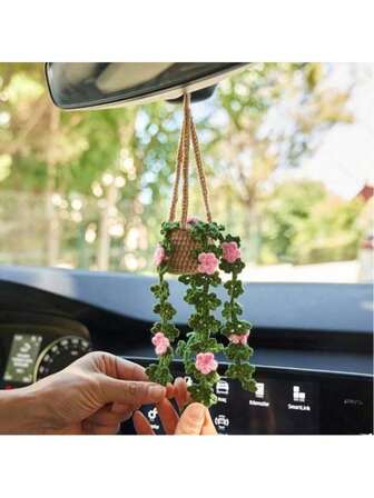1 件钩针植物装饰，波西米亚风手工汽车后视镜/房间悬挂配件，适合女士和女孩，绿色汽车内饰美学装饰，卡车衣架装饰饰品，适合男士