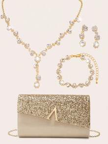 4入組鑽石珠寶套裝，閃亮項鍊耳環手鐲套裝，適用於婚禮手拿包/晚宴籠袋/信封手拿包/婚禮晚會新娘手拿包，Tready派對袋和新娘袋，適用於派對，婚禮，晚宴，配搭婚紗，正式禮服，晚禮服，生日裙，派對裙 - 金色 - 查看 11