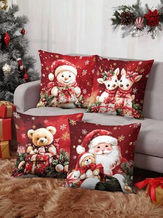 4 件/1 件红色圣诞节枕套 - 雪人、驯鹿情侣、泰迪熊和圣诞老人红色节日场景设计，18x18 英寸 | 拉链开合 | 色彩鲜艳，涤纶材质，可水洗 | 适用于客厅、房间装饰、沙发和卧室（不含填充物）非常适合圣诞装饰、圣诞派对、家居圣诞装饰