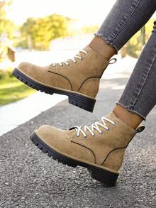 Botas de Couro Vintage Estilo Britânico com Chifre de Cervo Falso para Mulheres, Cano Médio, Botas de Trabalho de Cano Alto