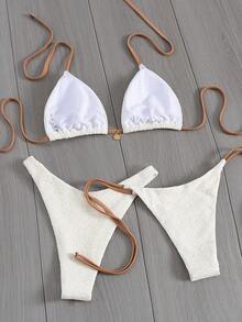 Conjunto de biquíni moderno com cores contrastantes, cor sólida, casual, bonito, elegante, sexy, top tipo bandeau, férias na praia - Bege - Ver 5