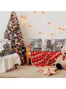 4件套圣诞抱枕套，棕色圣诞树、蝴蝶结图案，汽车装饰抱枕套，适合冬季假日、农舍风格沙发家居装饰，尺寸：16x16英寸/18x18英寸/20x20英寸 - 棕色 - 查看 3