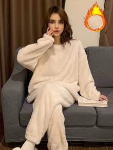2pcs Simple Flannel Sleepwear Set - Plush Fleece Solid Crew Neck Long Sleeve Top And Elastic Waist Pants, Warm And Comfortable Loungewear For Women, Autumn/Winter,Two Pieces Set, Fall Winter Clothes, Cozy Outfit, Fluffy Pajama