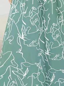 女式长款绿色阔腿裤，抽象印花，无弹力涤纶口袋，阿拉伯/土耳其风格 - 綠色 - 查看 5