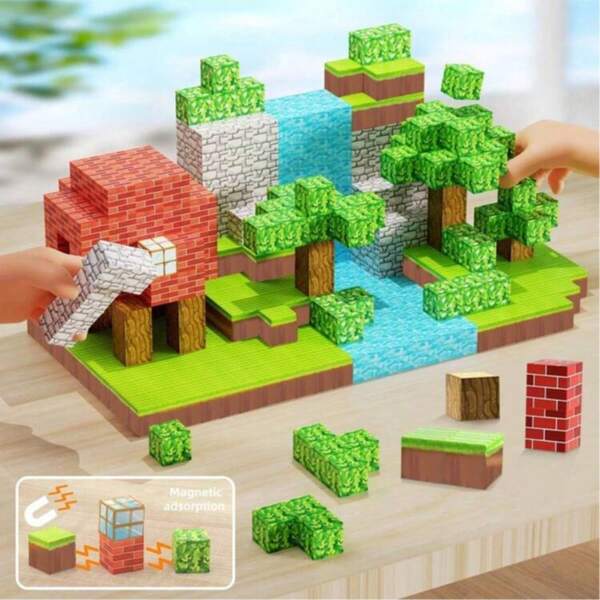 64/100/48 pièces Ensemble de blocs de construction magnétiques, Jouets puzzle 3D DIY, Décoration de maison forestière créative, Cadeau de fête idéal, Kit de construction multicolore