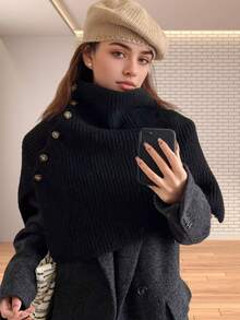 1pc New Knitted Women Shawl/Autumn Winter Fashion Multi-Color Warm Poncho, Winter Accessory Women Vest/Comfortable Neck Warmer Golden Accessory, Versatile Cleopatra Style Button-Up Cardigan For Dress - Multicolor - View 6