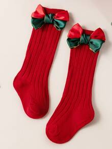 2 Pairs/Set Baby Girls' Autumn/Winter Soft Cute Big Bow Over-The-Knee Long Christmas Socks, Red Newborn Socks Suitable For 0-3 Years Old - Multicolor - View 2