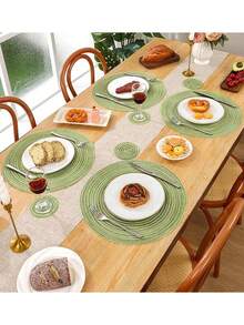 12pcs/Set Round Woven Placemats & Coasters Set, 15 Inch, Double-Sided Washable, Suitable For Kitchen, Holiday Parties, Dinners, Family Gatherings (Green)