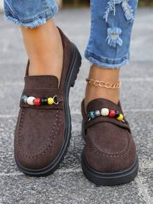 Mocassins Planos Vintage Feitos à Mão com Contas, Estilo Preppy de Cor Sólida em Camurça