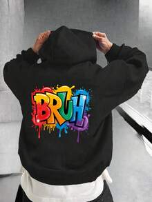 1件装男童休闲印花套头卫衣，保暖内衬，长袖，秋冬季 - 黑色 - 查看 8