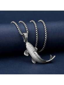 Vintage Chinese Koi Fish Pendant Necklace For Men/Women , Elegant Good Luck Charm For Everyday & Formal Wear, Birthday/Anniversary/Holiday Gifts For Him, Festive Accessory, Punk Style, Polished Finish, Fashion Enthusiasts - 銀色 - 查看 1