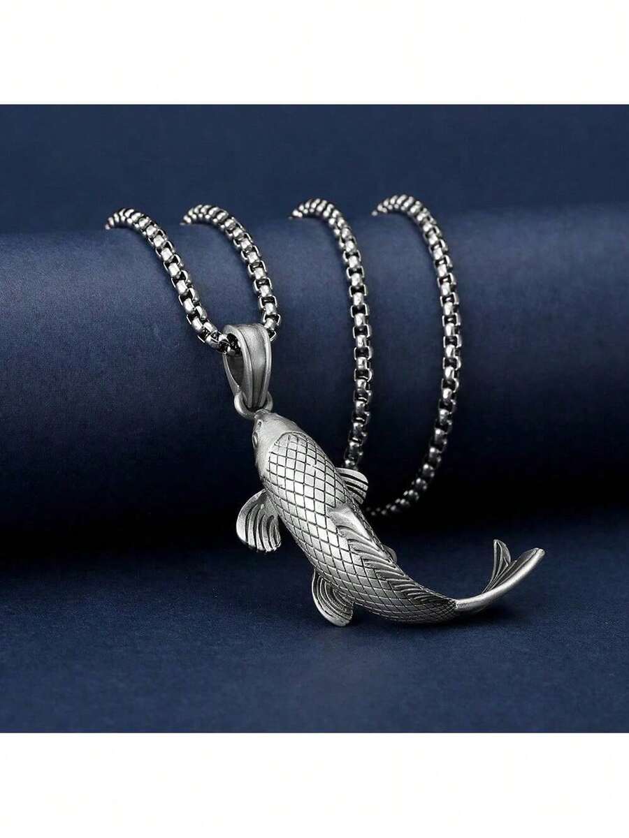 Vintage Chinese Koi Fish Pendant Necklace For Men/Women , Elegant Good Luck Charm For Everyday & Formal Wear, Birthday/Anniversary/Holiday Gifts For Him, Festive Accessory, Punk Style, Polished Finish, Fashion Enthusiasts - 銀色 - 查看 1