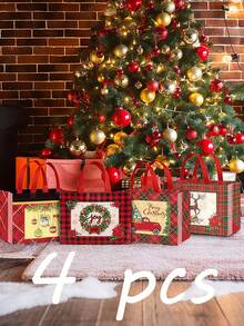 4/8pcs Large Christmas Party Bags, Reusable Red & Black Plaid Non-Woven Fabric Bags, Gift Bags With Handles, Christmas Party Supplies, 12.8*9.8*6.7 Inches