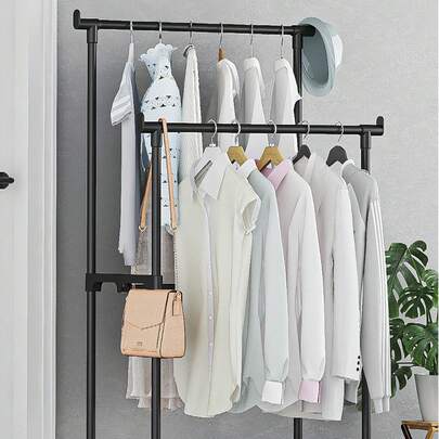 1pc Movable Floor Standing Clothes Rack With Wheels, Garment Hanger Storage Organizer For Home, Bedroom, Balcony, Dorm, Living Room, Multi-Layer Adjustable Clothes Drying Rack