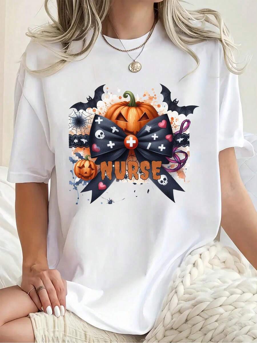 Plus Size Halloween Nurse T-Shirt Women's Pumpkin And Bow Design For Festive Season 220g