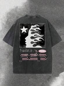 Worn-Out Washed Men's Short-Sleeved Shirt, Featuring A Pink Meteor Flame Human Face Pattern In Letters On A Double-Sided Print, Retro Casual Loose Men's-Shirt, Comfortable And Versatile Men's Clothing L4OM - 黑色 - 查看 3