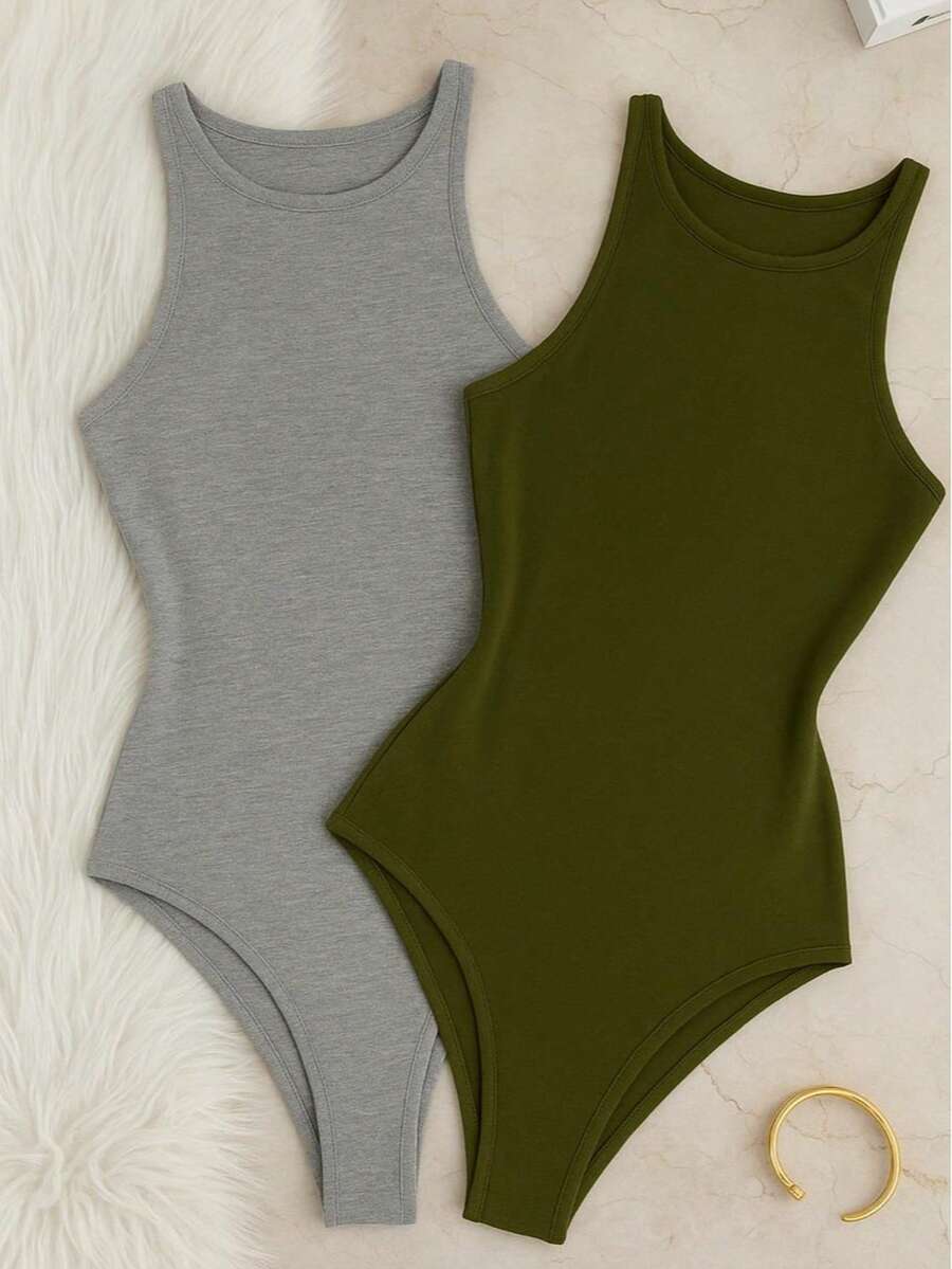 Kit 2 Bori Women's Bodysuits Basic Tank Top Casual Style Lined Second Skin Leotard Chic Timeless - 軍灰/綠 - 查看 1