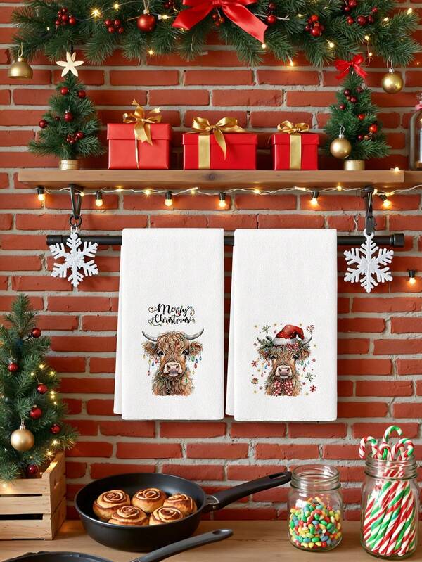 2 Pcs Christmas High And Low Cow Pattern Kitchen Towels Watercolor Style Dish Towels Can Be Used In The Kitchen To Dry Hand Towels Tea Towels Suitable For Christmas Farmhouse Kitchen Home Indoor Dish Drying