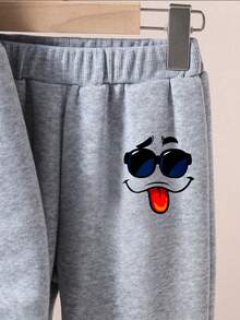 Youth Boy Cartoon Print Warm Hoodie And Sweatpants Set - Grey - View 6