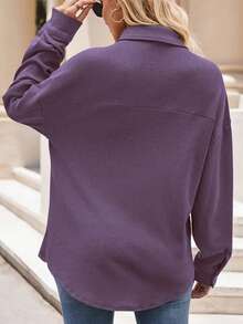 Women's Waffle Knit Button Front Shirt Collar Blouse, Drop Shoulder Long Sleeve, Pocket Detail - Purple - View 3