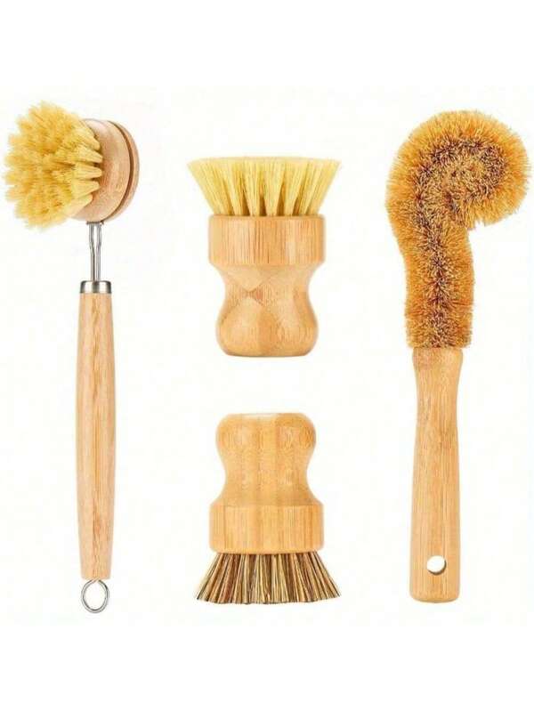 4Piece Bamboo Dish Brush Set With Coconut Sponge Wooden Dish Brush With Sisal And Palm Fiber Natural Bamboo Dish Scrub Brush For Kitchen Cleaning Dishes Pots Pans Bottles Vegetablesgift