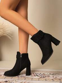 Women's Black Chunky Heel Ankle Boots, Daily Commute Short Boots, Autumn/Winter Fashion Round Toe Booties - Black - View 3