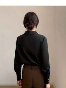 女士优雅法式尖领缎面百搭通勤都市职业衬衫，黑色缎面长袖休闲上衣，丝滑柔软面料，适合办公室和商务会议，适合春、夏、秋、冬，纯色前扣 - 黑色 - 查看 4