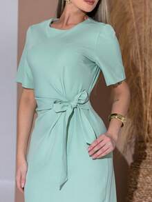 Long Dress With Short Sleeves With Belt Formal And Evening V775 - Verde Oliva - Ver 5