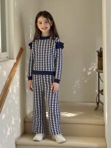 2pcs/Set Young Girls Plaid Knit Sweater And Wide Leg Pants Co-Ord Set, Fashionable Casual Outfit For Girls, Suitable For Everyday Wear, Home, And Outings, Autumn/Winter - Black and White - View 6