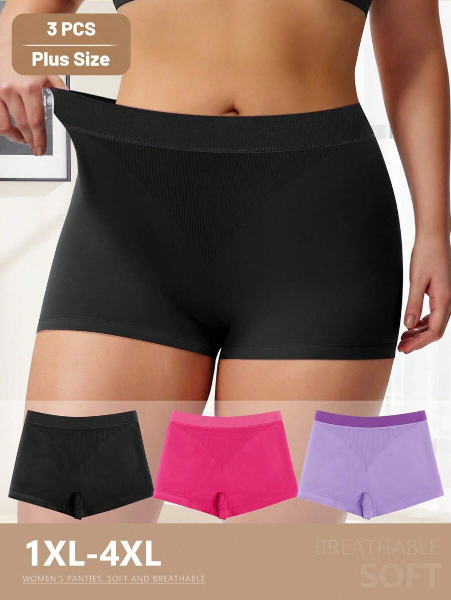 MIOTAN 3pcs/Pack Women Plus Size Panties, Striped & Solid Color Design, Elastic, Soft, Breathable - Multicolor - View 1