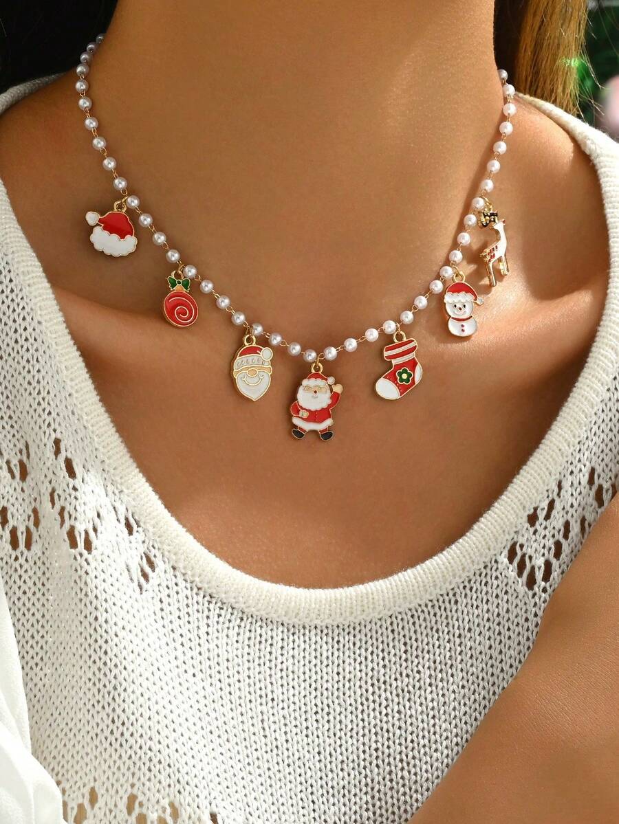 1pc Elegant Lady-Like Colorful Enamel Christmas Santa Claus, Snowman, Reindeer, Bell Pendant Necklace, Stainless Steel Chain, Adjustable Length, Suitable For Young Girls, Daily Wear, Birthday, Christmas, New Year Gift
