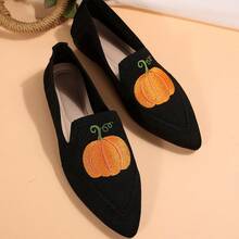 Women's Flat Slip-On Shoes, Pointed Toe Comfortable Spring/Autumn Shoes, Pumpkin Pattern Versatile Casual Loafers