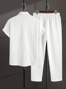Men's Essential Diamond & Wheat Pattern Textured Elastic Knit Shirt & Pants, Cozy Outfits - White - View 2