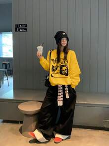 复古美式人像字母印花圆领女式卫衣，休闲宽松长袖上衣，适合春秋季穿着 - 黃色 - 查看 4