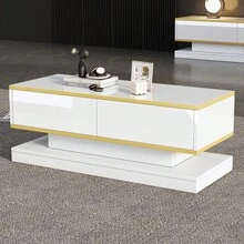 [Designer Couchtisch mit Goldakzent]100x50cm Hochglanz-Sofatisch mit 2 Schubladen | Eleganter Beistelltisch in warmweiß/gold | Schmaler Mittelteil mit breiter Ablagefläche