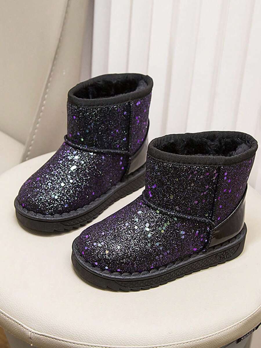 1 Pair Kids Snow Boots, New Winter Model, Girls & Boys Sequin Thick Shoes, Student Soft Bottom Fleece Boots, Warm Ankle Boots - Black - View 1