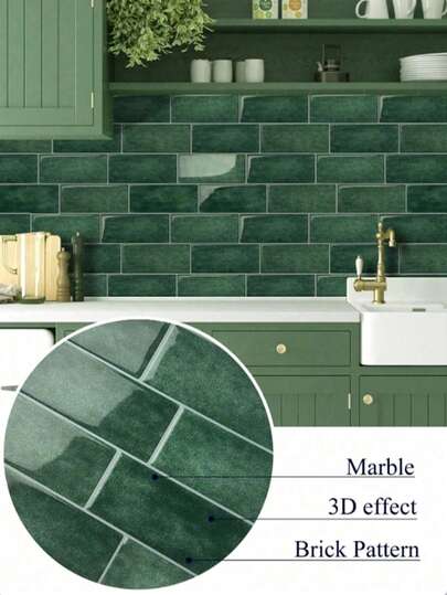 4/10pcs Dark Green Textured Tile Stickers, DIY Tile Vinyl Wall Stickers, Removable Self-Adhesive Wall Tile Stickers, Kitchen And Bathroom Backsplash, Suitable For Holiday Decoration Wallpaper Wall Paper Wall Decor Room Decor Wallpaper Stickers Wall Bedroom Decor Kitchen Decor Home Decor