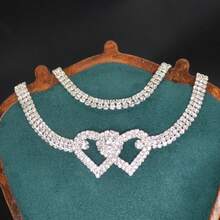 Double Heart Rhinestone Anklet, Fully Sparkling Asymmetrical Diamond Shaped Rhinestone Beach Anklet