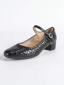 Women's Square Toe Casual Comfortable Rhinestone Buckle Chunky Heel Soft Bottom Work Shoes - Black - View 7