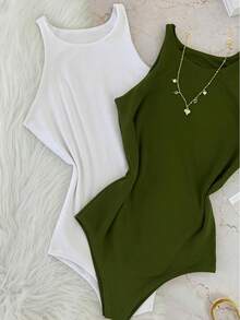 Kit 2 Bori Women's Bodysuits Basic Tank Top Casual Style Lined Second Skin Leotard Chic Timeless - 白色/軍綠色 - 查看 2
