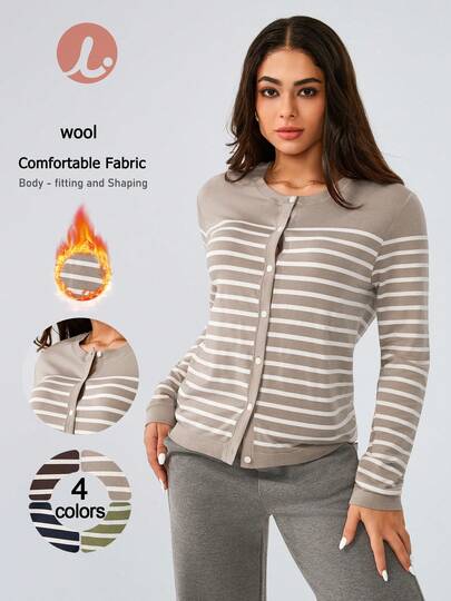 Leorrey 1pc Women's Seamless Casual Soft Comfortable Fashion Round Neck Striped Single-Breasted Fitted Knitted Wool Fleece Cycling Fitness Yoga Long Sleeve Sports Cardigan