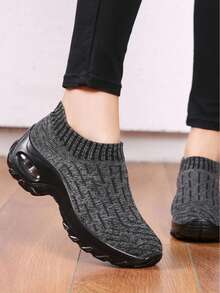 Women's All Black Casual Sneakers, Cushioned Shock Absorbing Knit Sock Shoes, Suitable For Sports & Dancing - Grey - View 2