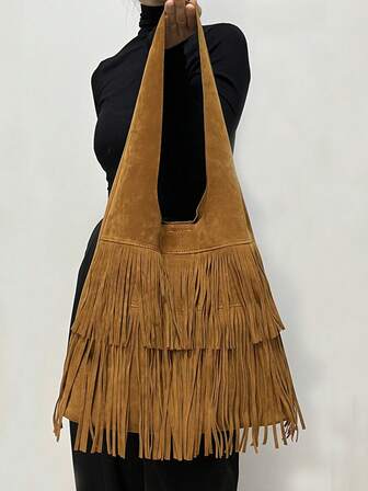 复古绒面流苏设计勃艮第、棕色、咖啡色单肩腋下包女士包，2024新款小众设计美式通勤风格，时尚，适合女士、女孩，大容量托特包