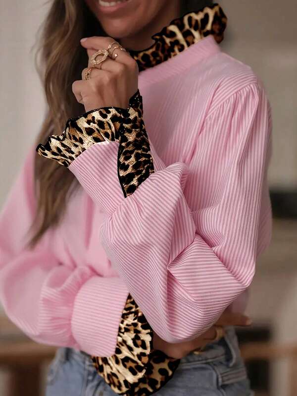 Women's Autumn Clothing.Fashionable Casual Polyester Fiber Stripe Stitching Leopard Print Stand Collar Street Commuting Ladies Long Sleeved Top, Go Out The Most Elegant And Beautiful Ladies Shirt Favored By Women, Suitable For Spring And Autumn Season At Home, Daily Life, Go Out, Date