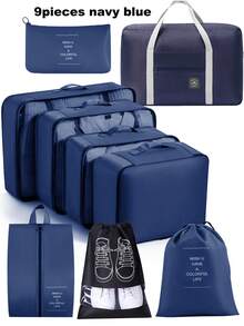 9pcs/7pcs/1pc Beige Letter Pattern Travel Packing Cubes, Travel Organizer Set, Luggage Organizer Bags, Travel Luggage Packing Organizers With Laundry Bag, Compression Shoe Bag, Clothes Underwear Bag, Unisex, Make Travel Easier, Suitable For Travel Storage Bags, Cosmetic Bags, Dorm Room Decor, Bedroom Storage Bags