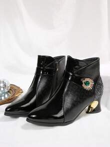 Fashionable British Style Mid-Heel Ankle Boots, Gem Decor Design, Pointed Toe Retro Mid-Heel Short Boots, Versatile Black Plaid Side Zipper Closure Chelsea Boots