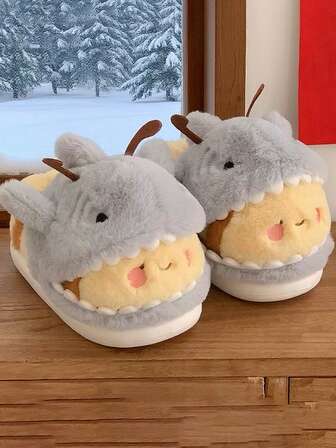 Damtofflor för vardagsbruk, grå och gul haj- och bidesign, halkfria, varma, tjock mjuk botten, lämpliga för vår, höst och vinter