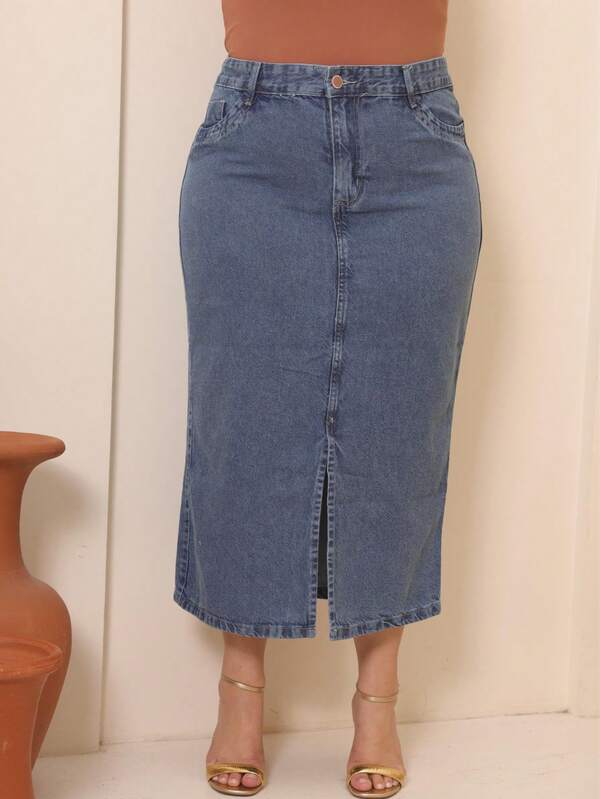 Casa de Jeans - Saia Jeans Mídi Plus Size Feminina, Cintura Alta, Fenda Frontal, Conforto e Estilo do 48 ao 54.