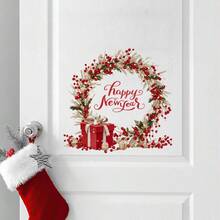 1 Stück Festlicher Weihnachtskranz Wandaufkleber - Abnehmbarer Kiefernzweig & Beeren Aufkleber mit rotem Geschenk, perfekt für Tür, Wand, Fenster oder Kühlschrankdekoration, ideal für Feierlichkeiten, Weihnachtsdekorationen